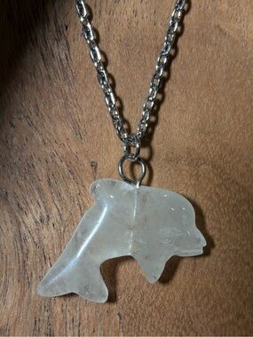 Clear Quartz Dolphin Hand-Carved Pendant Necklace Long